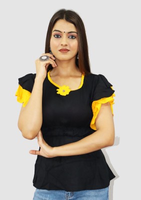 Padlaya Fashion Casual Color Block Women Black, Yellow Top