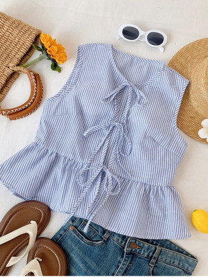 QIOA Casual Striped Women Blue Top