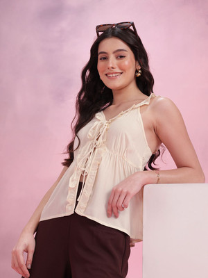 Dressberry Casual Solid Women Beige Top