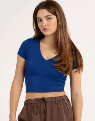 FAST CRY Casual Solid Women Blue Top