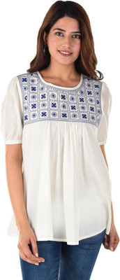 KIZI Casual Balloon Sleeve Embroidered Women White Top