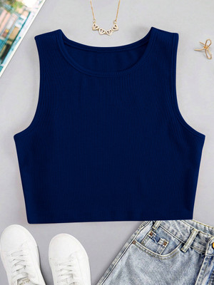 CILIMILI Casual Self Design Women Dark Blue Top