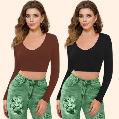Maheshvi Casual Solid Women Black, Brown Top