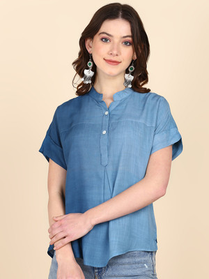 maaesa Casual Color Block Women Light Blue Top
