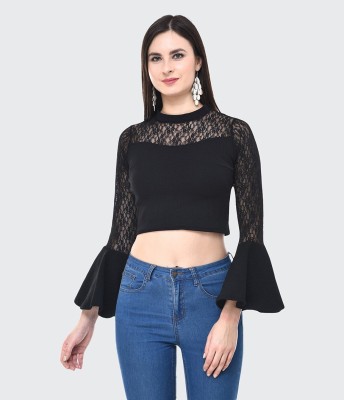 BuyNewTrend Casual Bell Sleeve Solid, Lace Women Black Top