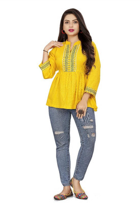 JAGRATI Casual Embroidered Women Yellow Top