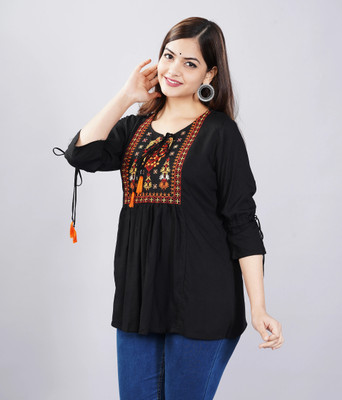 ERT IRAWAT Casual Solid Women Black Top