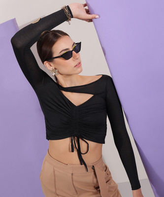 VICIA Casual Solid Women Black Top
