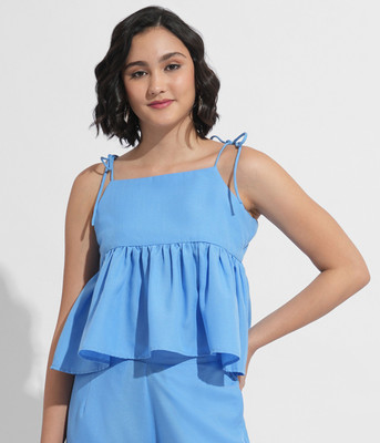 FashFun Casual 3/4 Sleeve Solid Women Blue Top