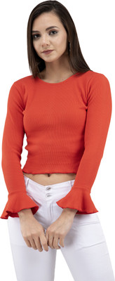 FAIRIANO Casual 3/4 Sleeve Solid Women Red Top