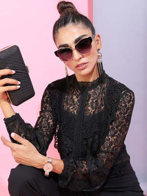 Tokyo Talkies Casual Lace Women Black Top