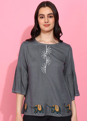 AKIKO Casual Printed Women Grey Top