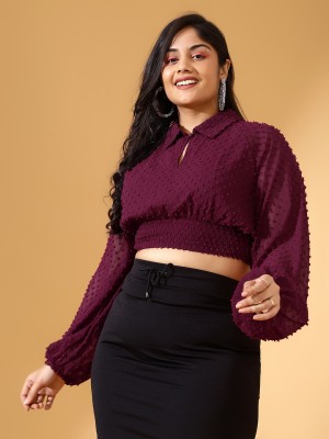 CURVE BY KASSUALLY Casual Solid Women Maroon Top