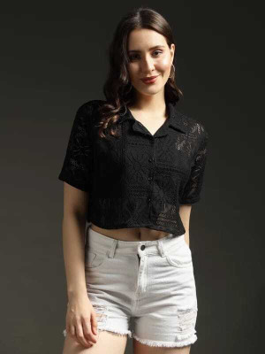 ERICAVI Casual Laser Cut Women Black Top