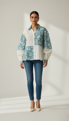 TAYARA Party Printed, Floral Print, Embroidered Women White, Blue, Green Top
