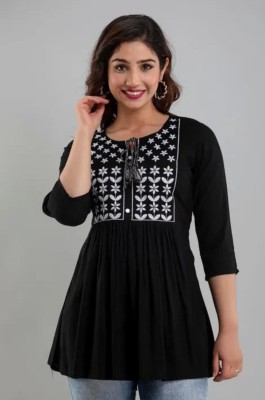 HAADIVASTRA Casual Embroidered Women Black Top