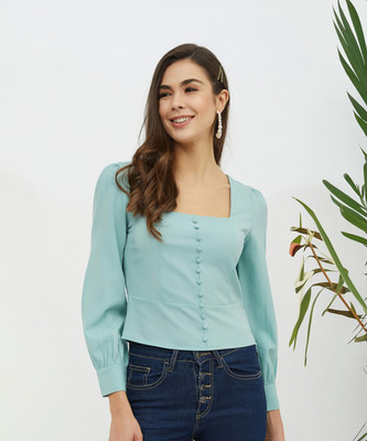 HARPA Casual 3/4 Sleeve Solid Women Light Blue Top