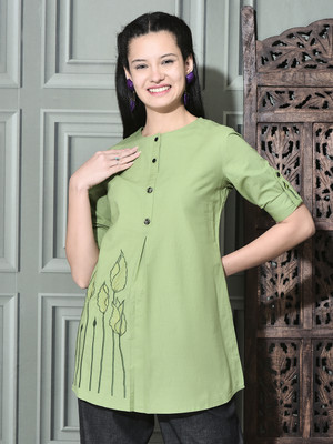 FUTURO Casual Embroidered Women Green Top