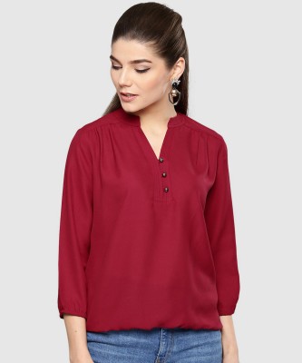 HARPA Casual Regular Sleeve Solid Women Maroon Top