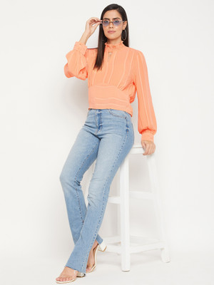 MADAME Casual Striped Women Orange Top