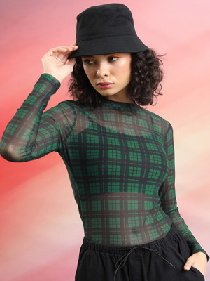Tokyo Talkies Casual Checkered Women Dark Green, Black Top