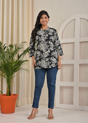 Chaukas Casual Floral Print Women Black Top