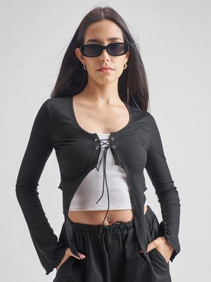 Tokyo Talkies Casual Self Design Women Black Top