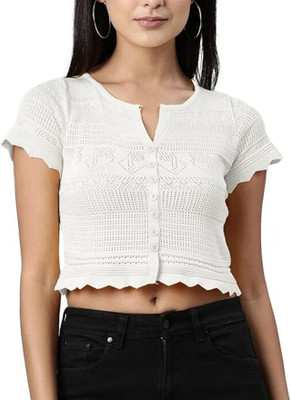 CRAMPLE Casual Self Design Women White Top