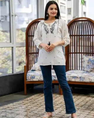 UCCHANTI Casual Self Design Women White Top