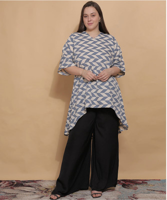 Curvesbykaraa Casual Geometric Print Women Light Blue, Beige Top