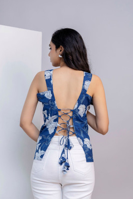 TRIWING Casual Floral Print Women Blue Top