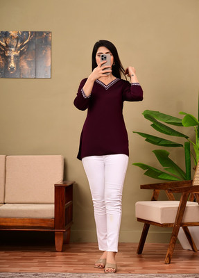 AGOKA Casual Solid Women Maroon Top