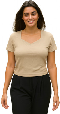 SUGARCANNE Casual Solid Women Beige Top