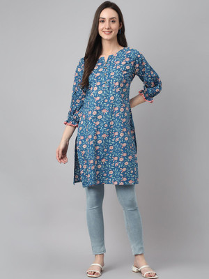 Janasya Casual Floral Print Women Blue Top