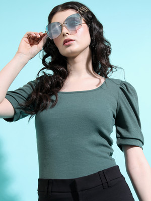 Tokyo Talkies Casual Self Design Women Green Top