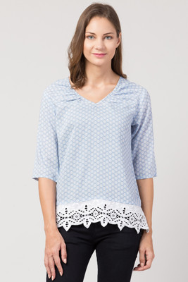 HouseOfCommon Casual Printed, Lace Women Blue Top