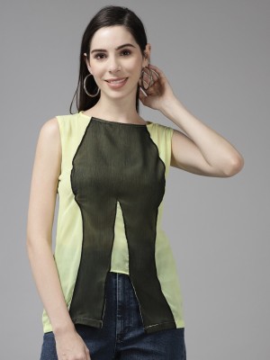 Aarika Casual Color Block Women Yellow, Black Top