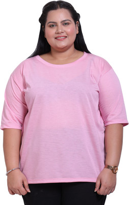 CANIDAE Solid Women Round Neck Pink T-Shirt
