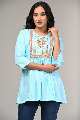 Gauri Creation Casual Embroidered Women Light Blue Top
