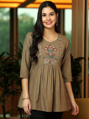 UCCHANTI Casual Embroidered Women Brown Top
