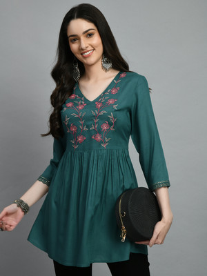 Meesan Casual Embroidered Women Green Top