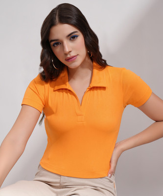 Tokyo Talkies Casual Solid Women Orange Top