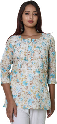 myplusfashion Casual Floral Print Women Light Blue Top