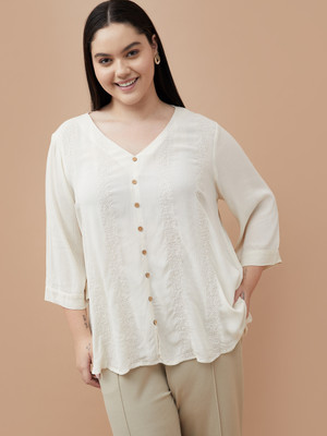 Nexus by Lifestyle Casual Embroidered Women Beige Top