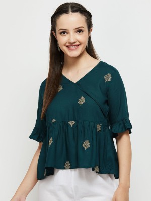 MAX Casual Embroidered Women Green Top