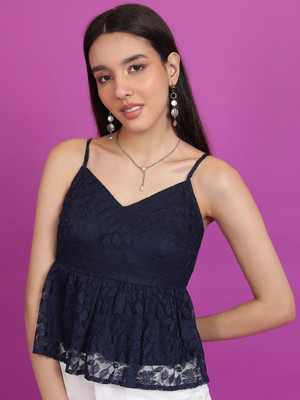 Tokyo Talkies Casual Self Design Women Dark Blue Top