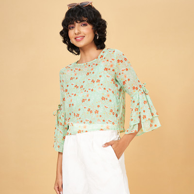 PEOPLE Casual Printed Women Light Green, Orange Top