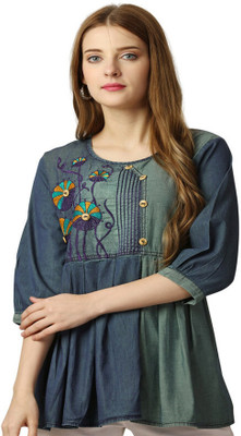 french crown Casual Embroidered Women Blue Top