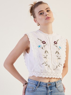 Freehand Casual Embroidered Women White Top