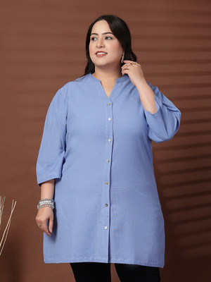 PLUSS Casual Solid Women Blue Top